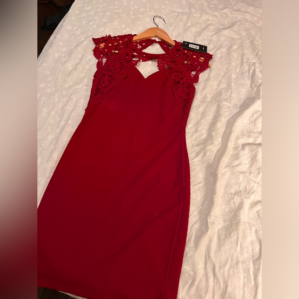 Fashion Nova red lace midi